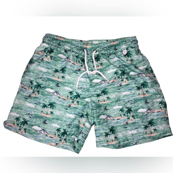 RQQBA Green and White Palm Tree Swim Trunks size Medium - Picture 1 of 3